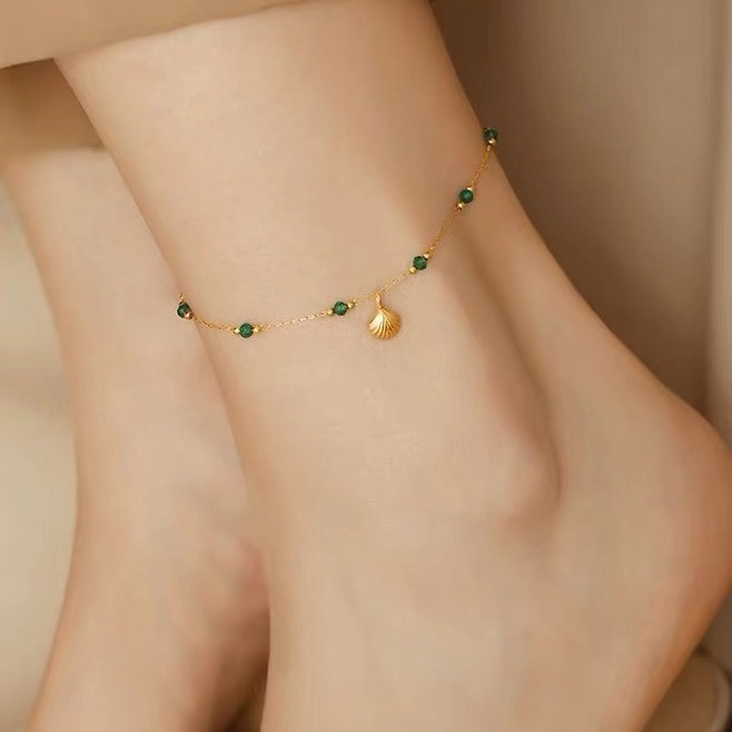 Delicate Gold Shell Anklet with Green Crystal Beads